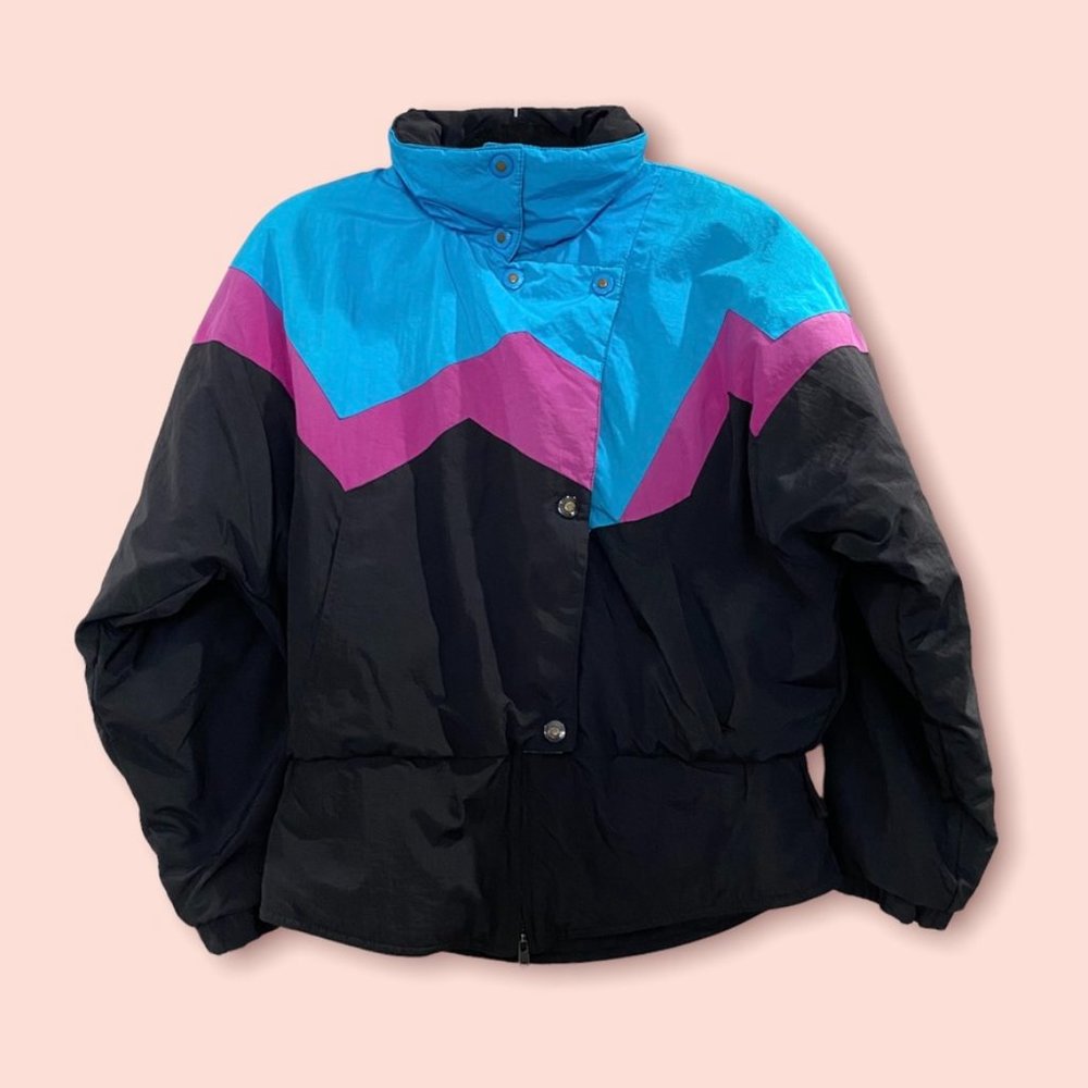 Vintage Ossi Skiwear Womens Ski Jacket Colorblock Pink Blue Black Small